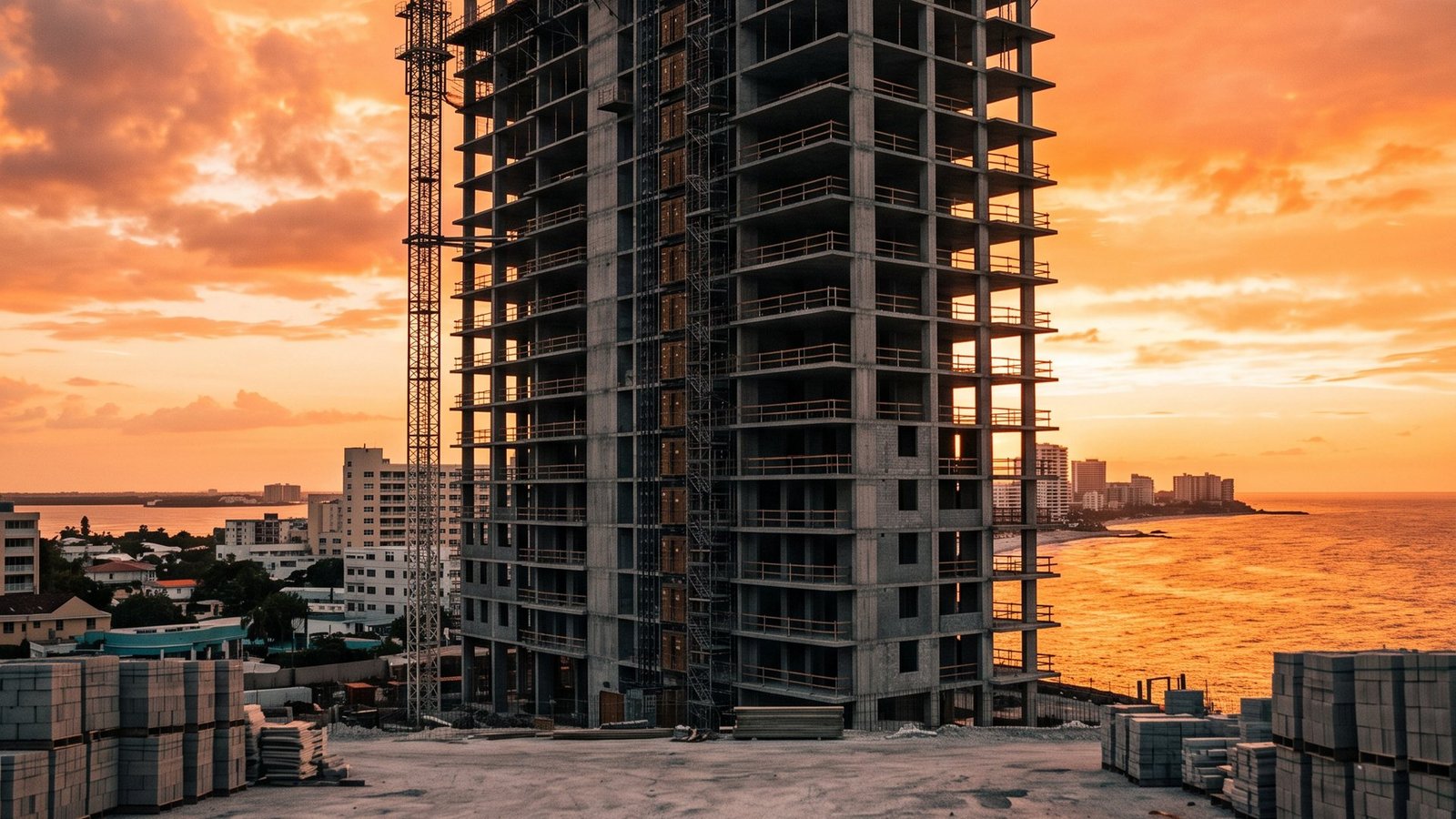 Edificio en construcción frente al mar al atardecer