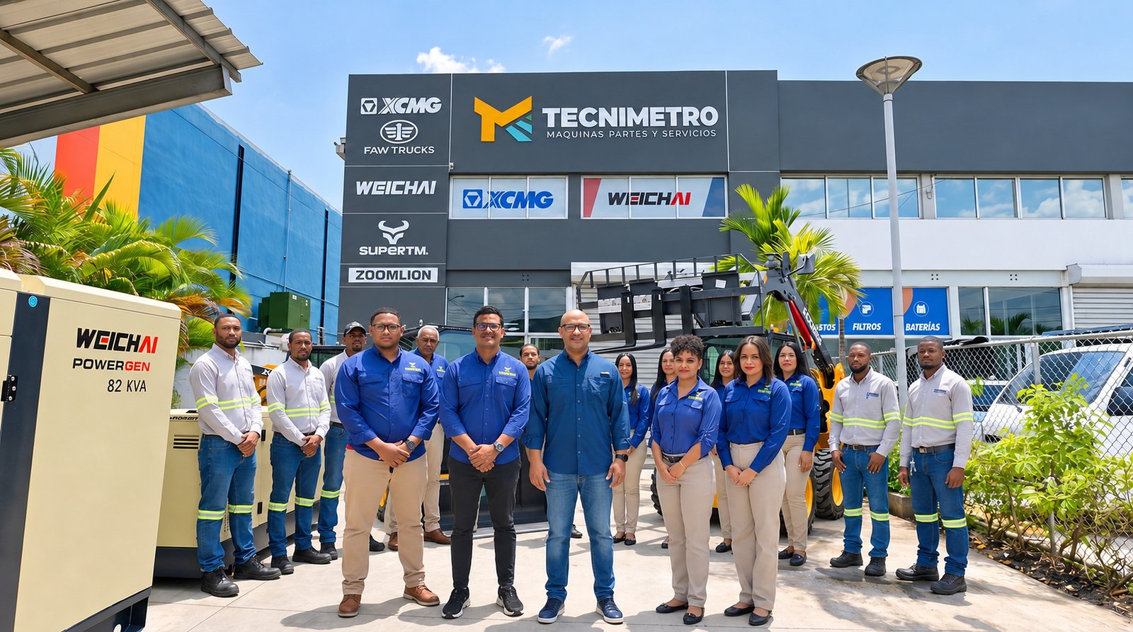 Equipo de Tecnimetro frente a la sede, con las marcas XCMG, FAW, Weichai, SuperTM y Zoomlion