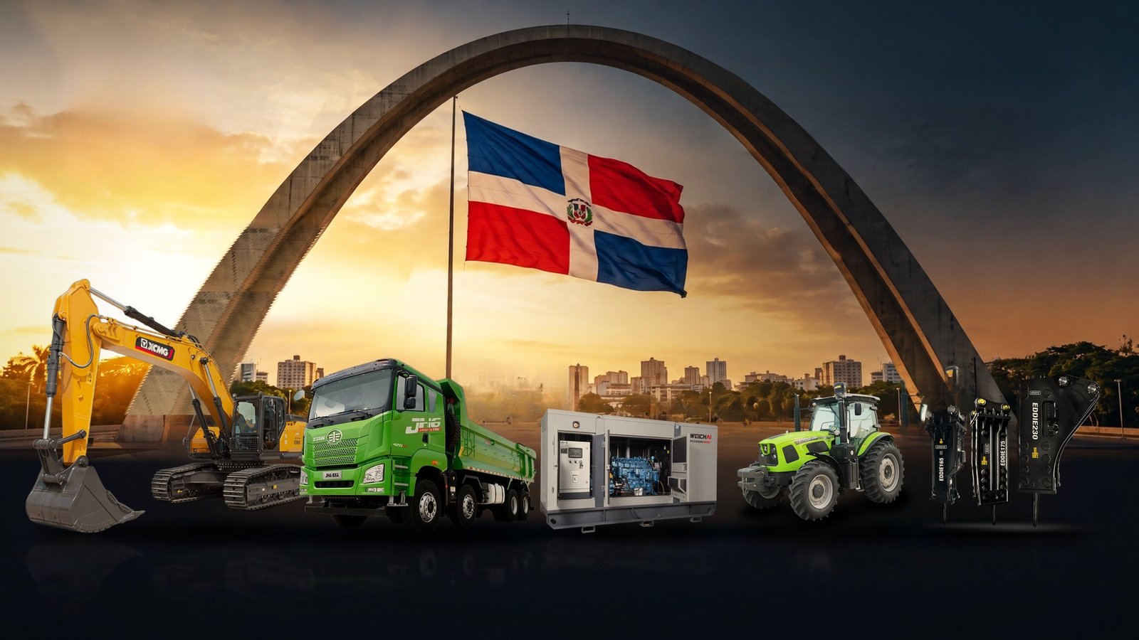 Excavadora XCMG XE380G, camión volteo FAW JH6, generador Weichai PowerGen, tractor Zoomlion RS y martillos Eddie Precision en la Plaza de la Bandera